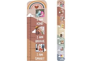 GARYBANK Solid Wood Inspirational Growth Chart for Kids with Photo Windows, Motivational Height Chart for Kids, Foldable Kids Height Wall Chart Milestone Marker, Positive Birthday Gift for Girls Room Decor