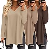 Huukeay 3 Pack Womens Oversized Long Sleeve T Shirts V Neck Knit Casual Workout Tunic Tops Side Split Loose Basic Tees