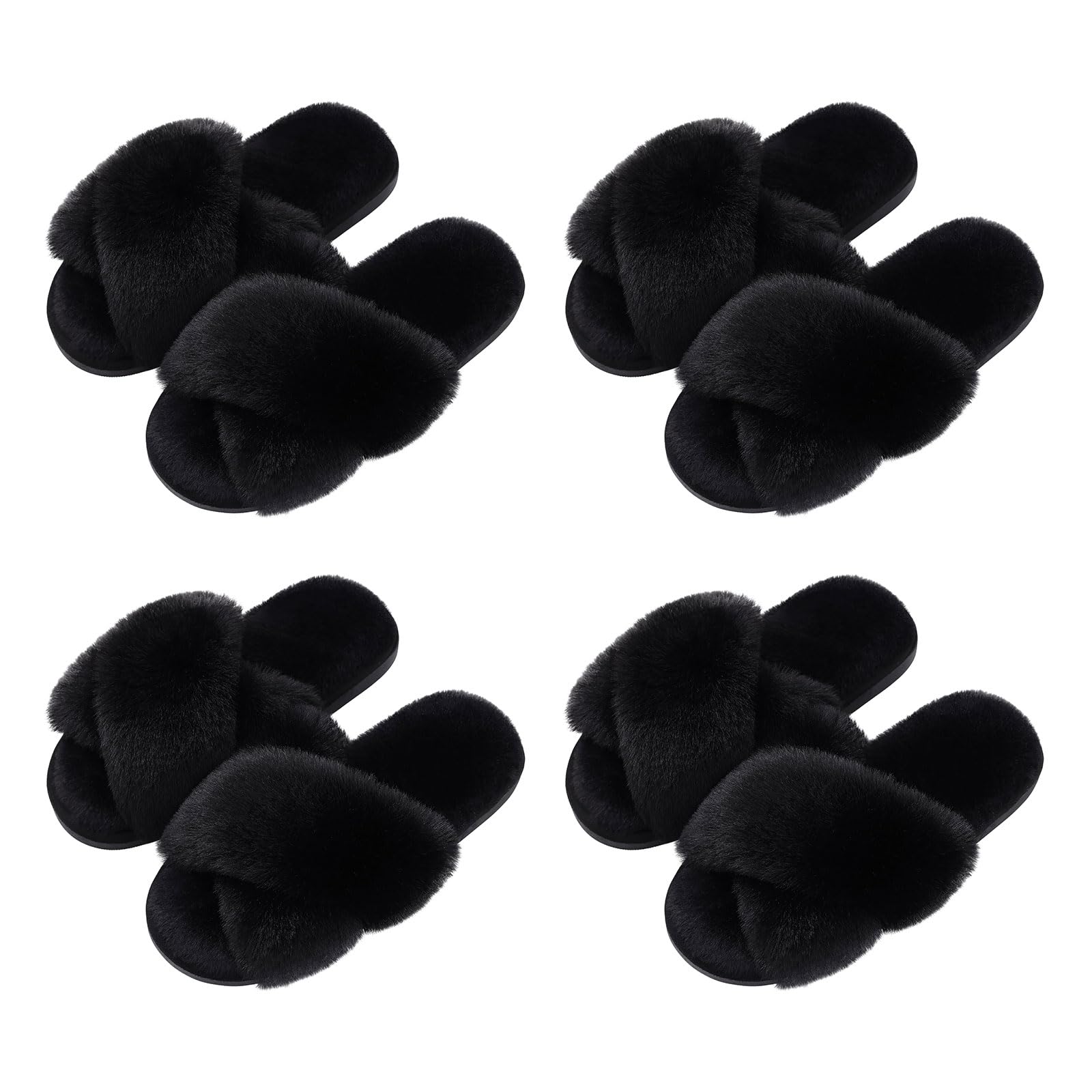 Photo 1 of Evshine 4Pairs Women's Fuzzy Slippers Cross Band Memory Foam House Slippers Open Toe Indoor Outdoor Shoes, Black, 42-43 (Size 10-11)