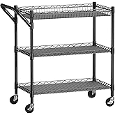 3 Tier Heavy Duty Rolling Utility Cart, Rolling Carts with Wheels,Commercial Grade Metal with Handle Bar & Shelf Liner,Trolle