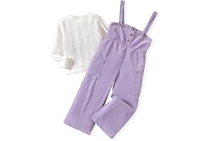 HINTINA Toddler Girl Cloth Long Sleeve Tee Corduroy Button Down Pinafore Overall Jumpsuit 2 Pieces Outfits