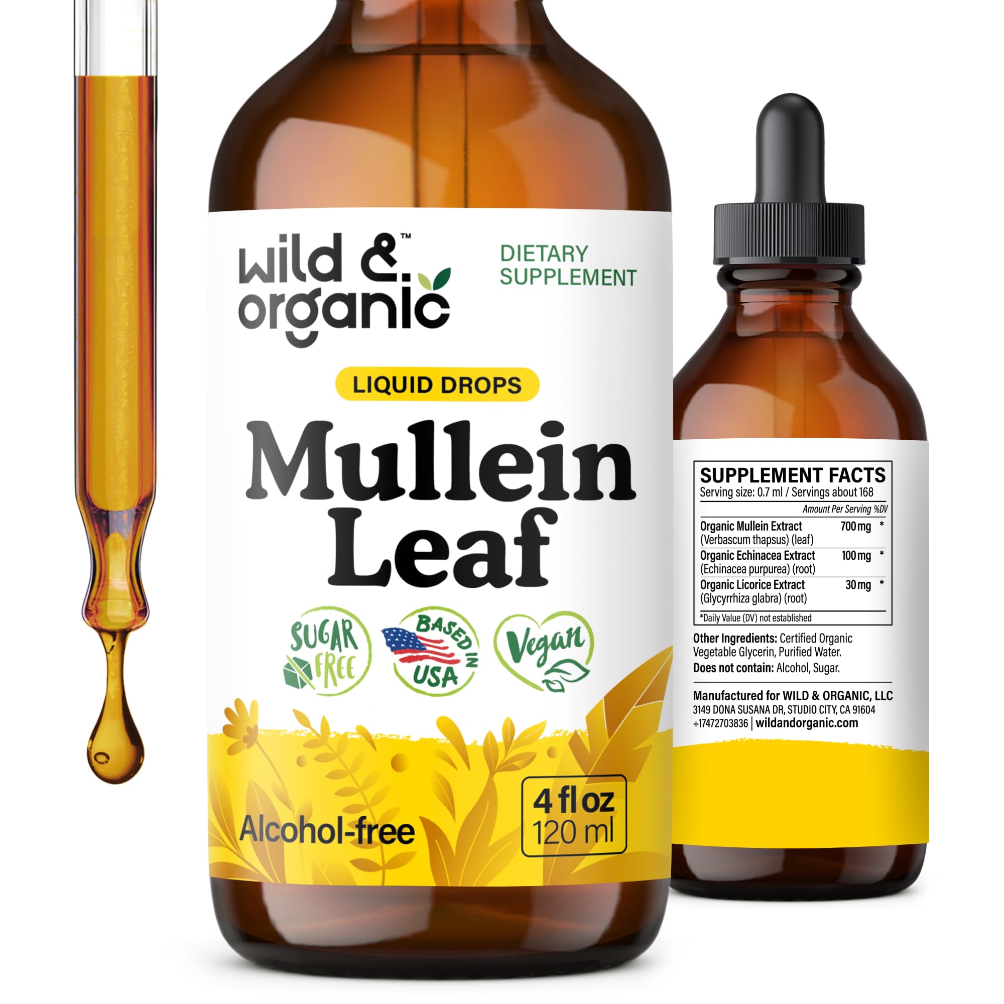 Photo 1 of Wild & Organic Mullein Tincture - Lung Cleanse and Detox - Liquid Mullein Leaf Extract for Lungs with Echinacea - Verbascum Thapsus Drops - Vegan, Sugar & Alcohol-Free Supplement - 4 fl oz