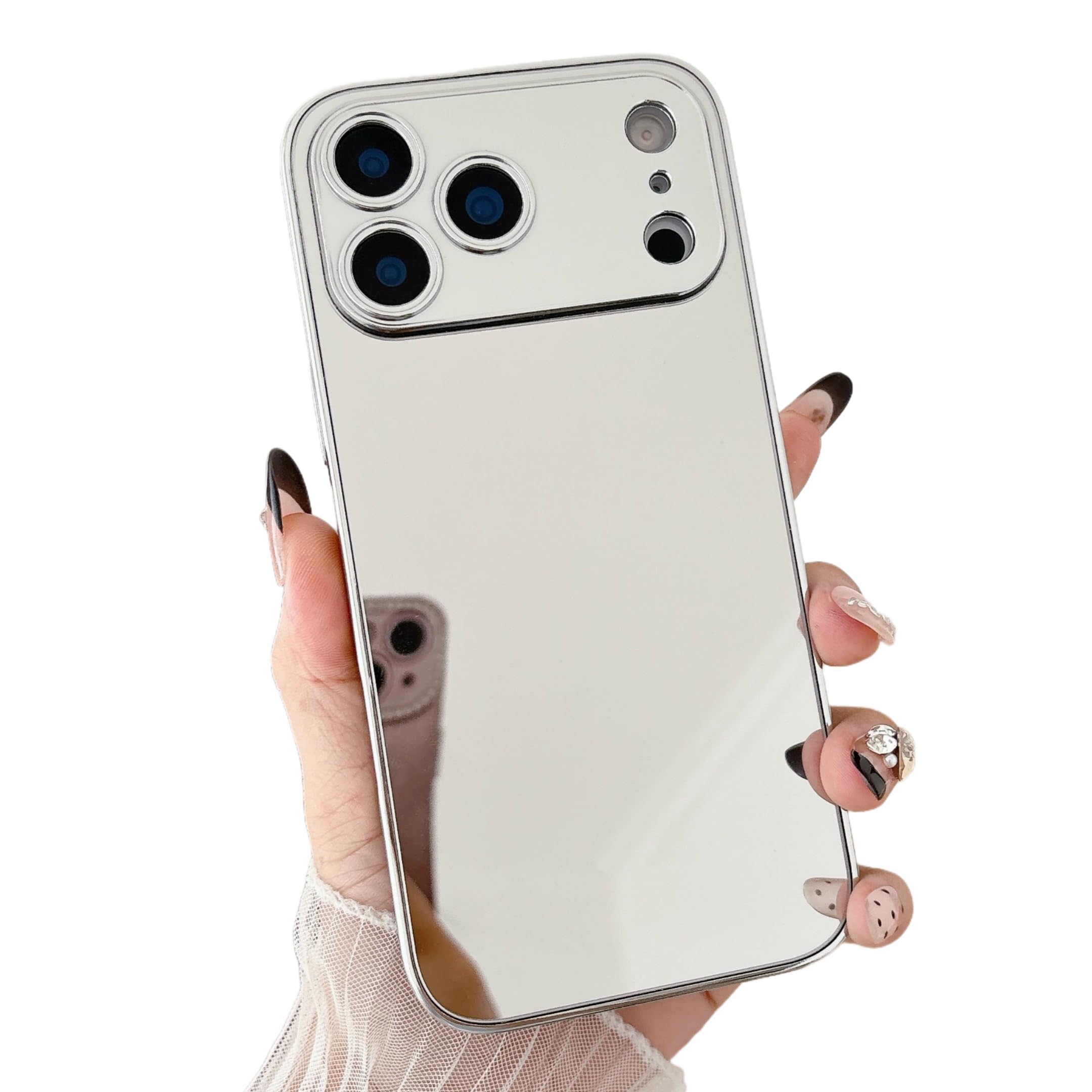 Photo 1 of YTanazing Compatible with iPhone 17 Pro Mirror Case for Women Girls Makeup Cute Luxury Glossy Mirror Back Silver Plating Design with Camera Full Protective Shockproof Cover