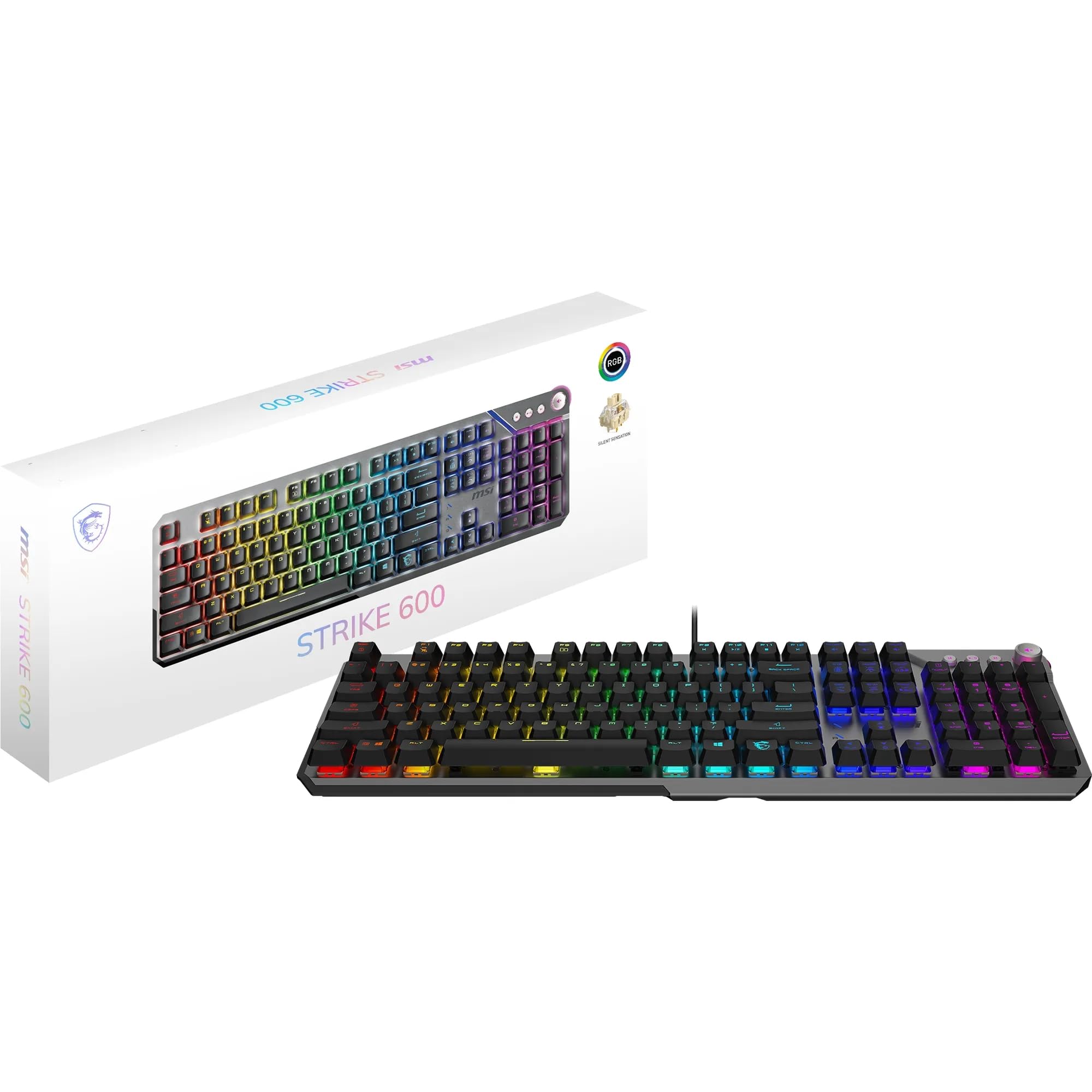 MSI Strike 600 Silent FR Gaming-Tastatur, leise – Kailh Midnight Pro Silent Touch-Schalter, ergonomische Tasten, rutschfeste Basis, RGB Mystic Light pro Taste, USB 2.0 – volle Größe