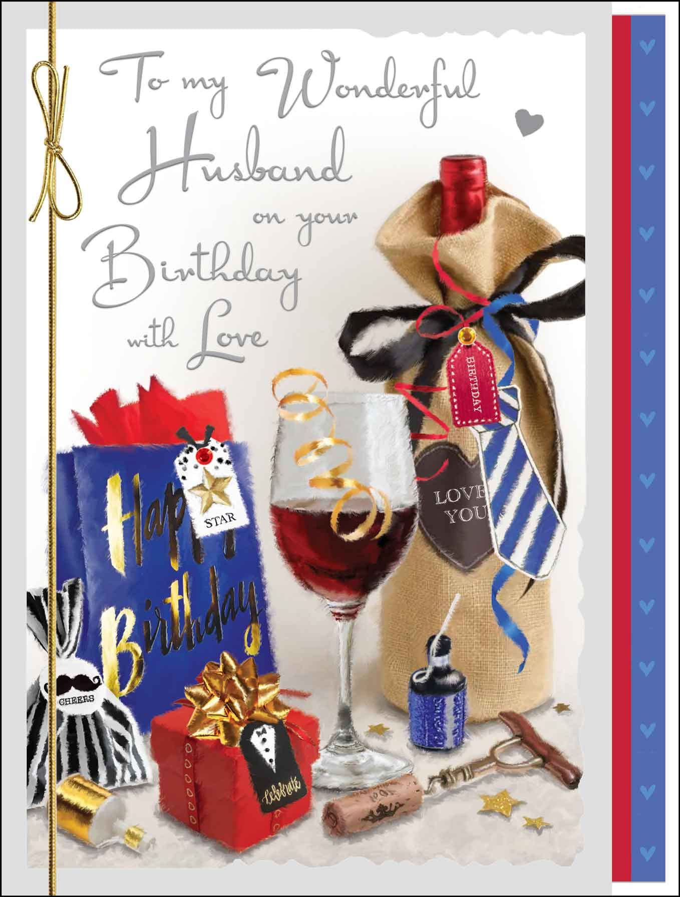 Jonny Javelin Artistic Birthday Greeting Card - 'Wonderful Husband' - Gifts and Red Wine Design - Ribbon Embellishment and Leaf Insert