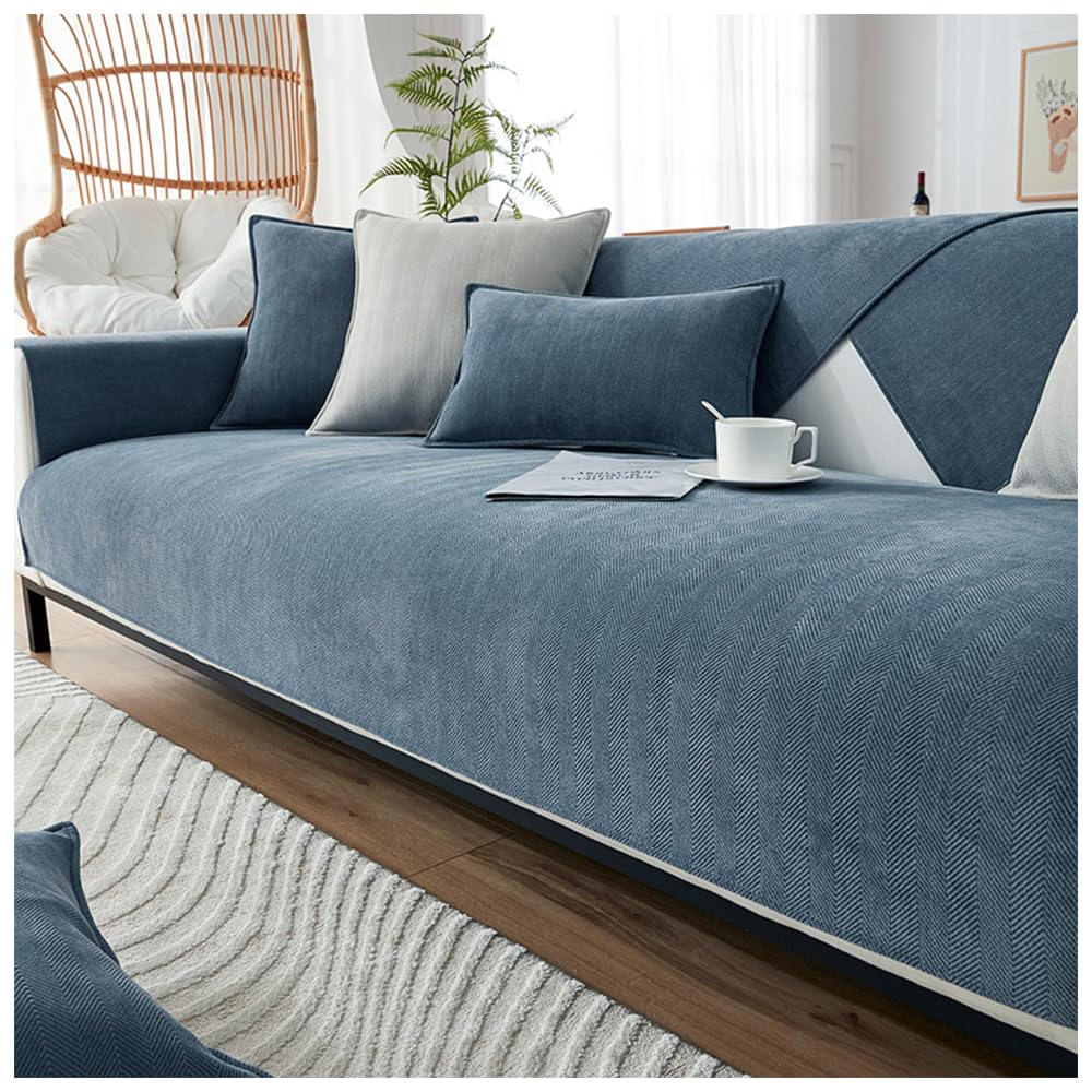 NUODWELL Herringbone Chenille Sofa Cover 1/2/3/4 Seater, Furniture Protector Couch Cover Universal Non-Slip L Shape Couch Cover Quilted Corner Slipcovers for Living Room (Grey Blue, 90 * 160cm)