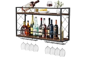NEYCIL Wine Rack Wall Mount 2 Tier Wall Wine Rack with Glass Holder, Anti-Drop Crossbar, 31.5 Inch Metal Wine Rack for Home K
