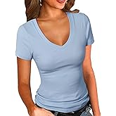 PALINDA Women's Short Sleeves Ribbed Fitted Shirt Basic V Neck Slim T Shirt Tops