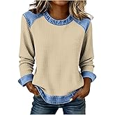Denim Shirt Women Color Block Crew Neck Knit Top Casual Denim Trim Raglan Sleeve Collared Layered Shirts