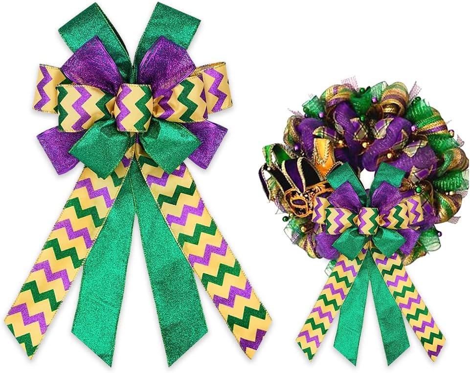 Bows & Ribbons - ABTOLS Mardi Gras Wreath Bows, Green Gold Glitter Bows for Wreath for Carnival Party Decorative Bows Purple Sequins Metallic Sparkle Wave Mardi Gras Bows for Front Door Indoor Outdoor Decorations