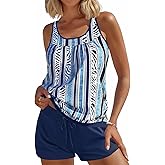 Modlily Classic Two Piece Tankini Swimsuits, Tummy Coverage Bathing Suits, Blouson Tank Top with Board Shorts