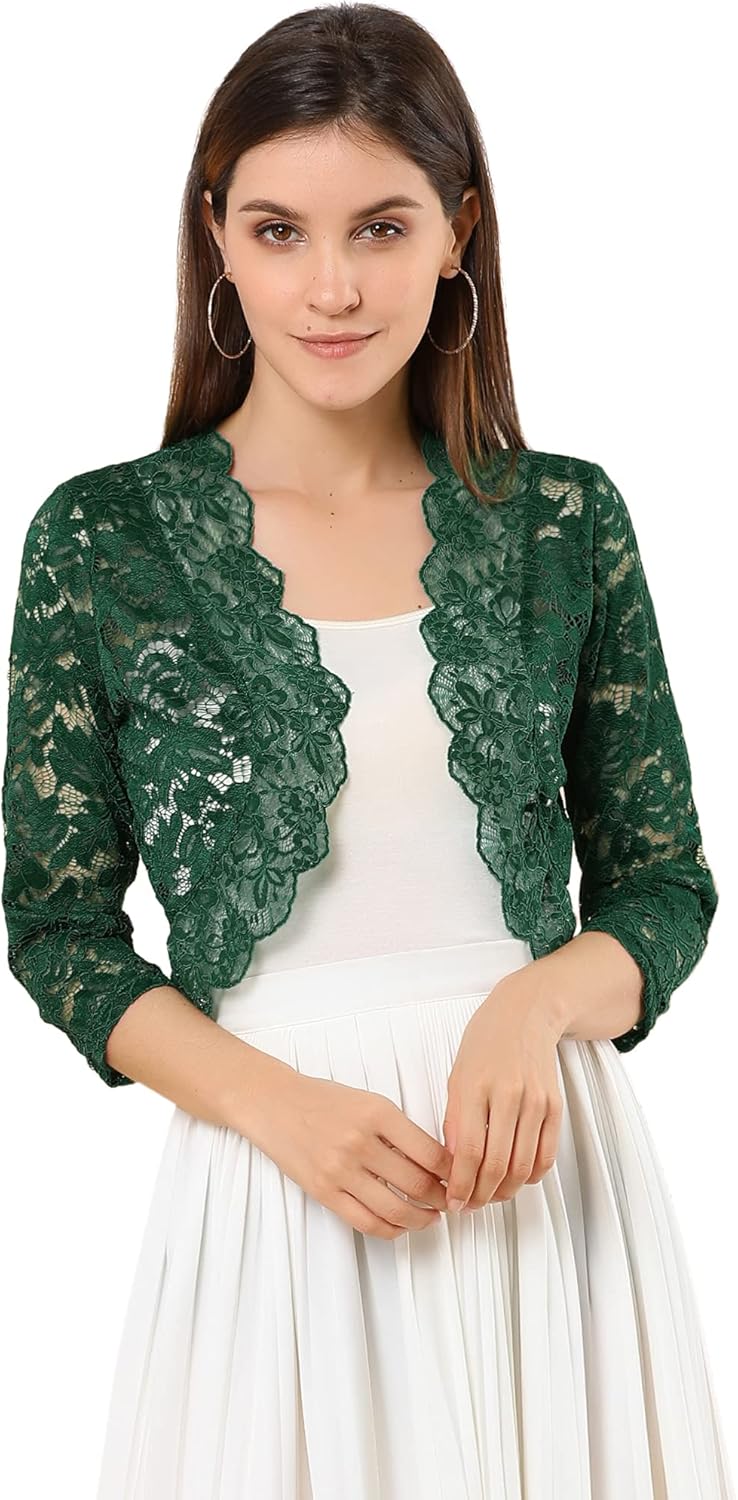 Allegra K Women's Elegant 3/4 Sleeve Sheer Floral Lace Shrug Top Dark