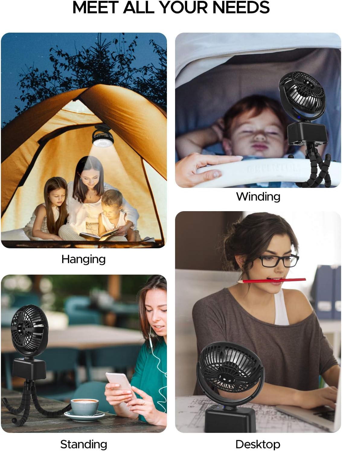 SOKOO 2021 Portable Battery Operated Desk Fan with Lights&Hook, 5000mAh USB Oscillating Personal Fan 3 speeds for Office Home Camping Outdoor Travel: Kitchen & Dining