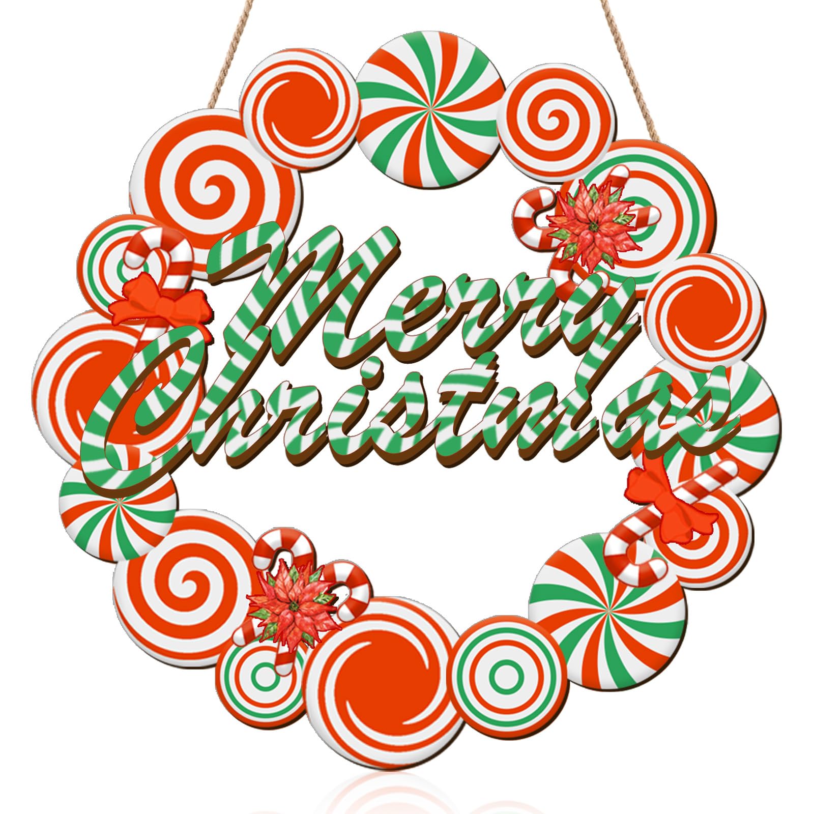 Merry Christmas Candy Cane Wreath Sign, Wooden Winter Wreath Hanger, Xmas Door Decor for Home & Farmhouse Parties