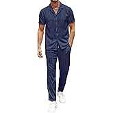 UOUA Mens 2 Piece Outfits Summer Casual Short Sleeve Button Down Shirt & Long Pants Sets Beach Vacation Suits Tracksuits