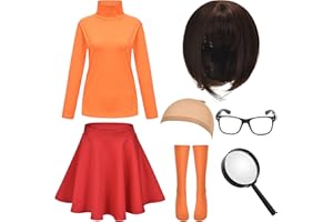 HMPRT Halloween Deluxe Adult Costume for Women,Brown Bob Wig,Turtleneck Top,Skater Skirt,Magnifying Glass,Socks and Glasses