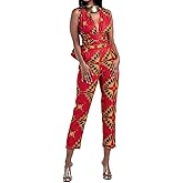Vimoisa Women Sexy Boho African Jumpsuits Printing Rompers V-Neck Multi-Way Wide Leg Pants