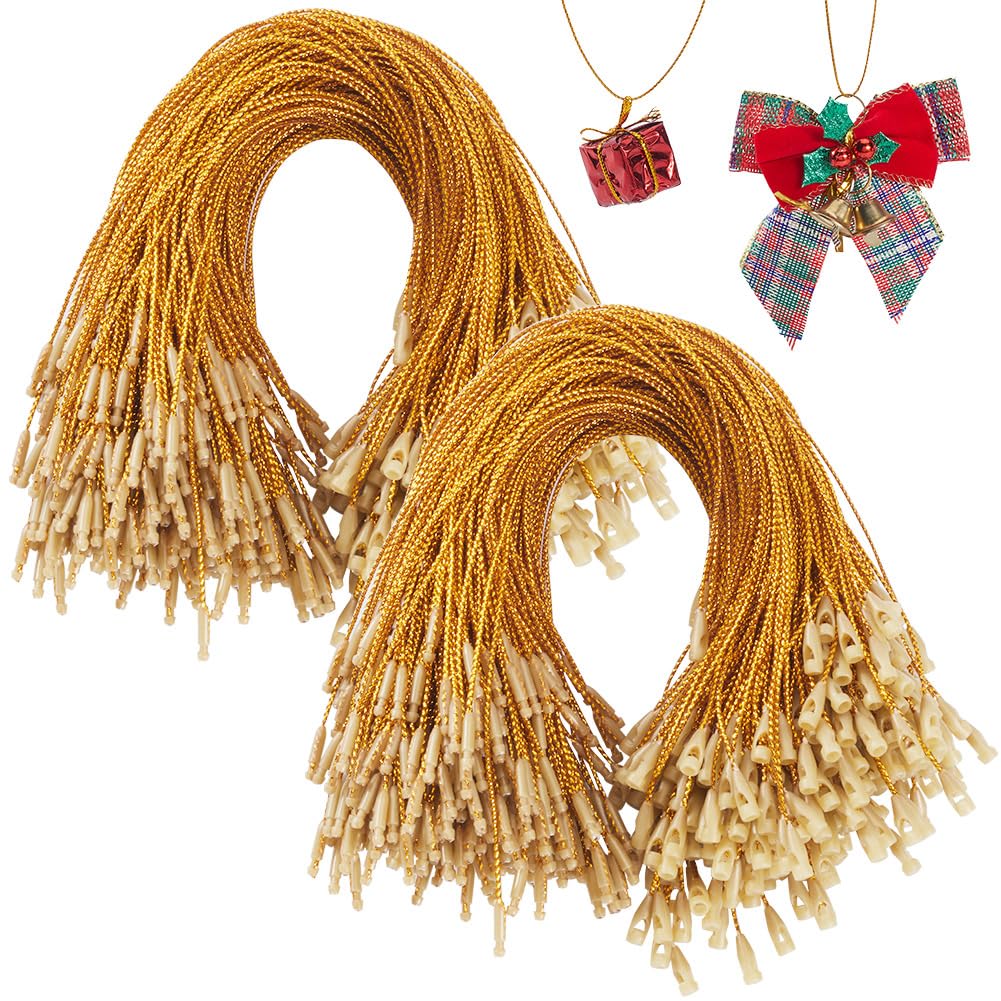 SOFPLATE 600Pcs Gold Ornament Hanger String Ornament Hanging Thread Short 202mm Precut Snap Fastener Polyester Cable Ties Wraps Wire Locking Rope for Christmas Tree Wall Party Hanging Decorations
