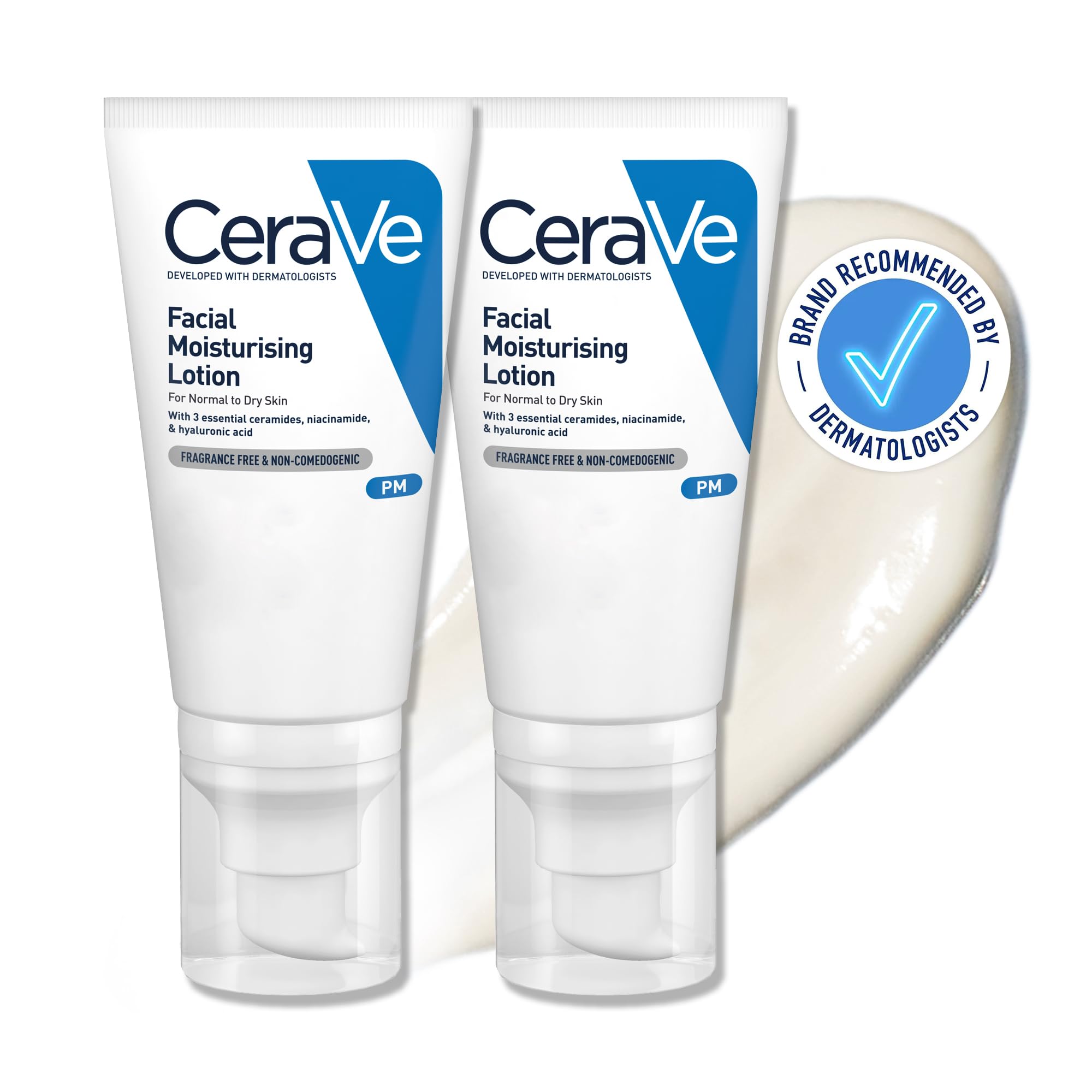CeraVe PM Facial Moisturising Lotion Duo With 3 Essential Ceramides and Niacinamide, Face Moisturiser for Normal to Dry Skin, For all Skin Types, Fragrance Free & Non-Comedogenic, 2x52ml