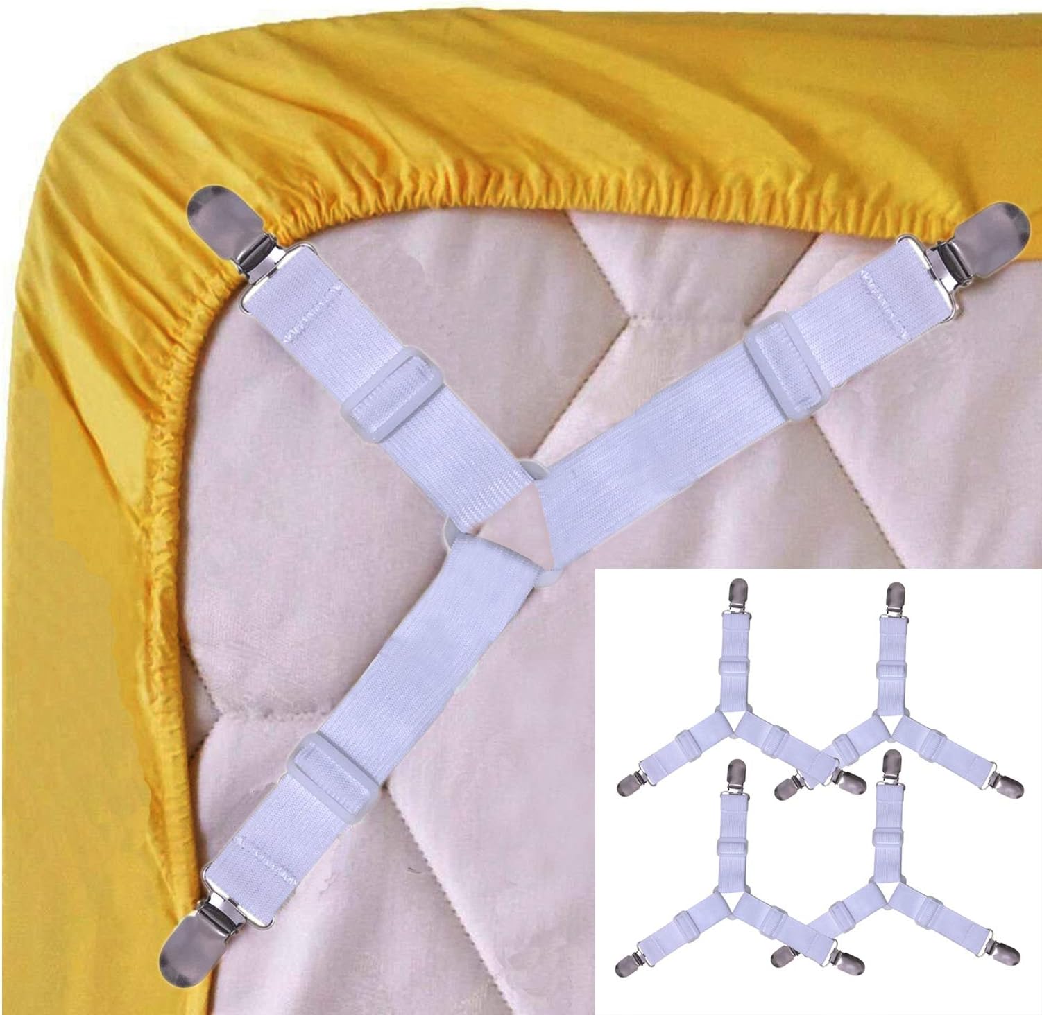 monochef 4pcs Sheet Straps Bed Suspenders Band Adjustable Fitted Bed Sheet Corner Holder Elastic Straps Fasteners Clips Mattress Pad Cover Grippers