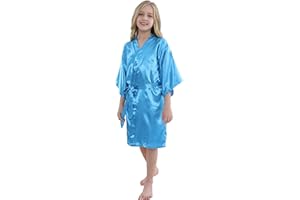 MORFORU Girls Kids Solid Color Silky Satin Kimono Robe for Wedding Spa Party, Short