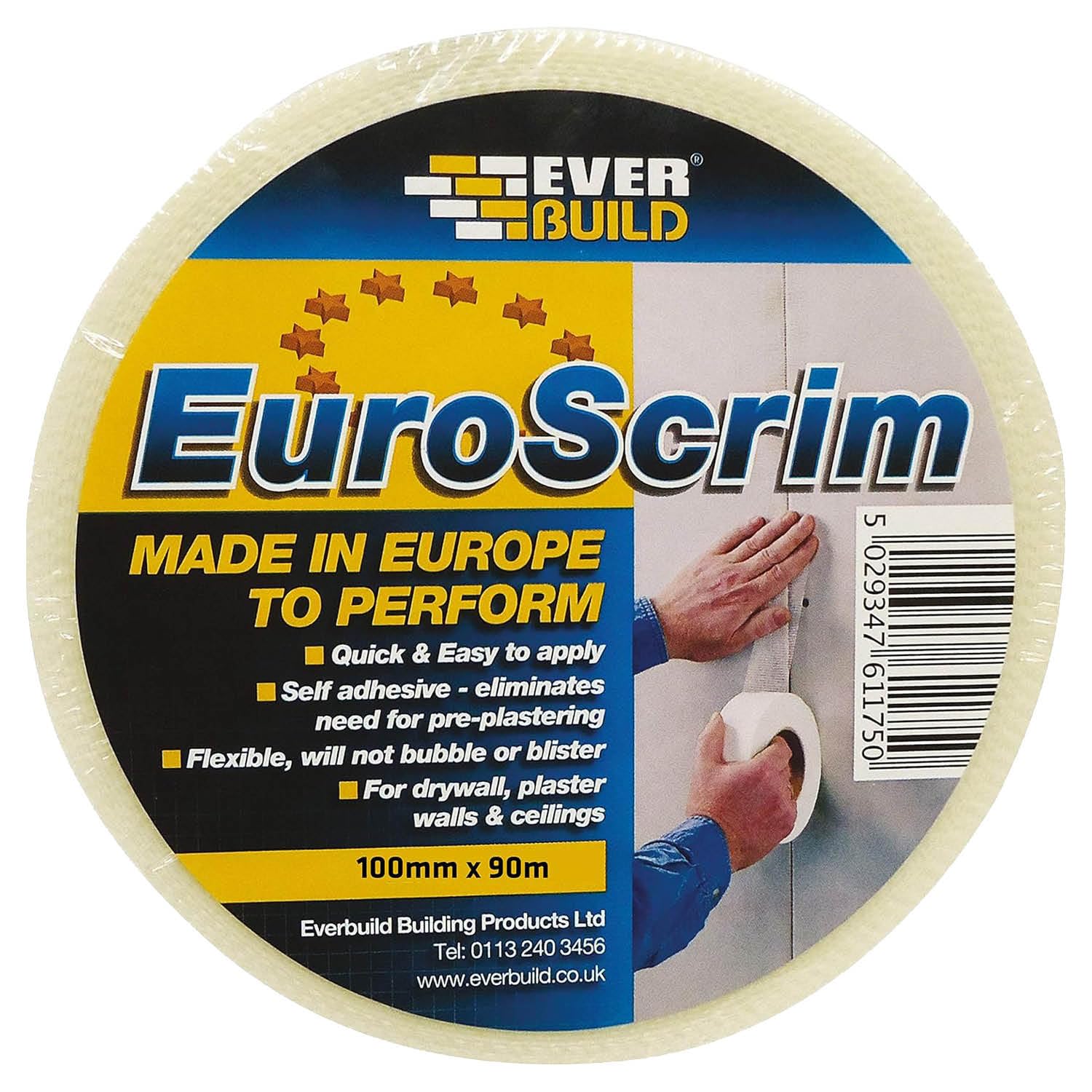 Everbuild – EuroScrim – Self-Adhesive Scrim Tape – High-Tack Adhesive – Off White – 100mm x 90m