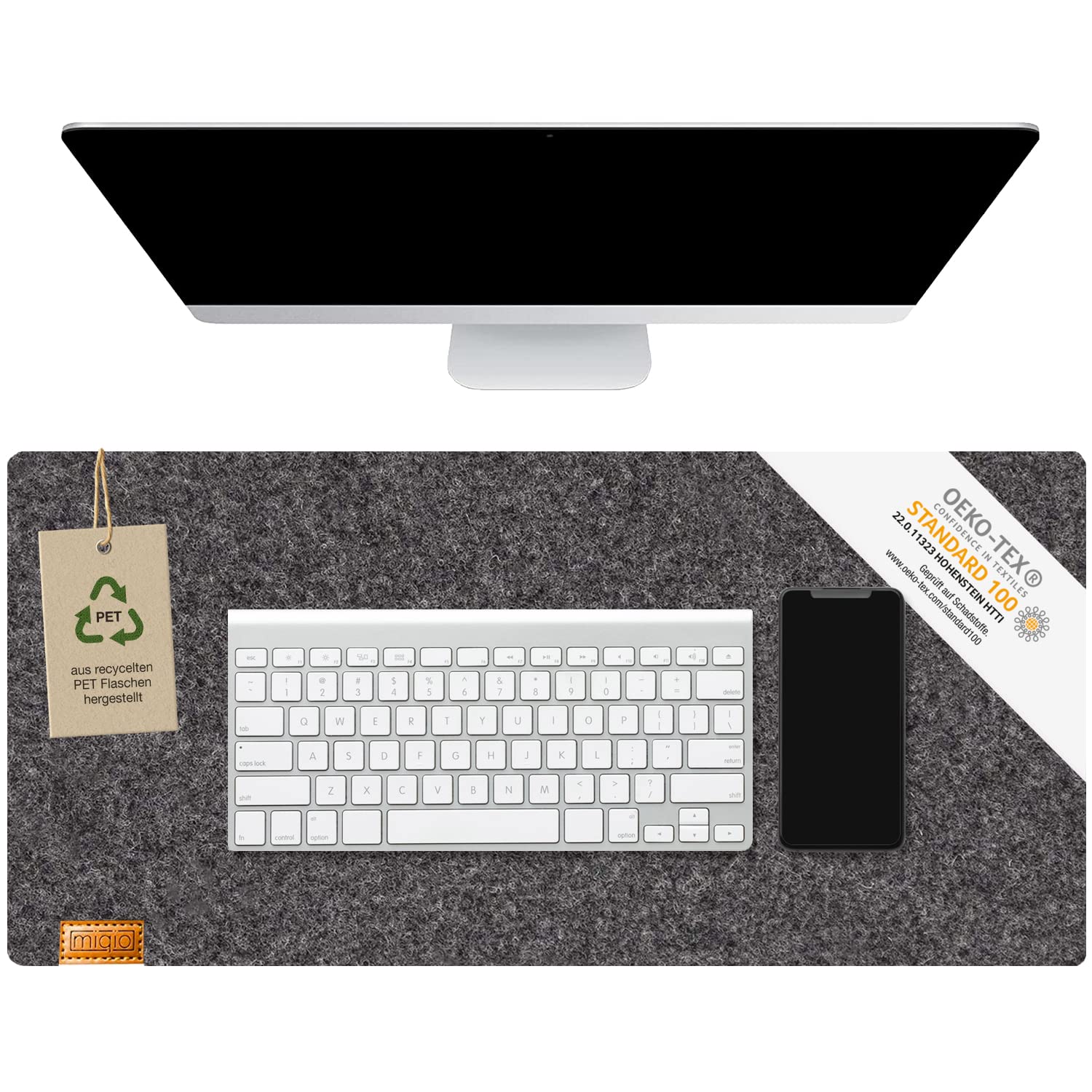 MIQIO® Design Desk Mat Made of Sustainable Felt, Suitable for Wooden Tables without Rubber Coating, Oekotex Certified, Desk Mat Made from Recycled PET Bottles, Dark Grey, 68 x 33 cm