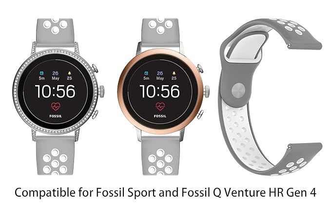 LittleForest Compatible for Fossil Sport Fossil Q Venture HR Bands 18mm, Soft Silicone Replacement Wristband with Two-Tone_Gray&White