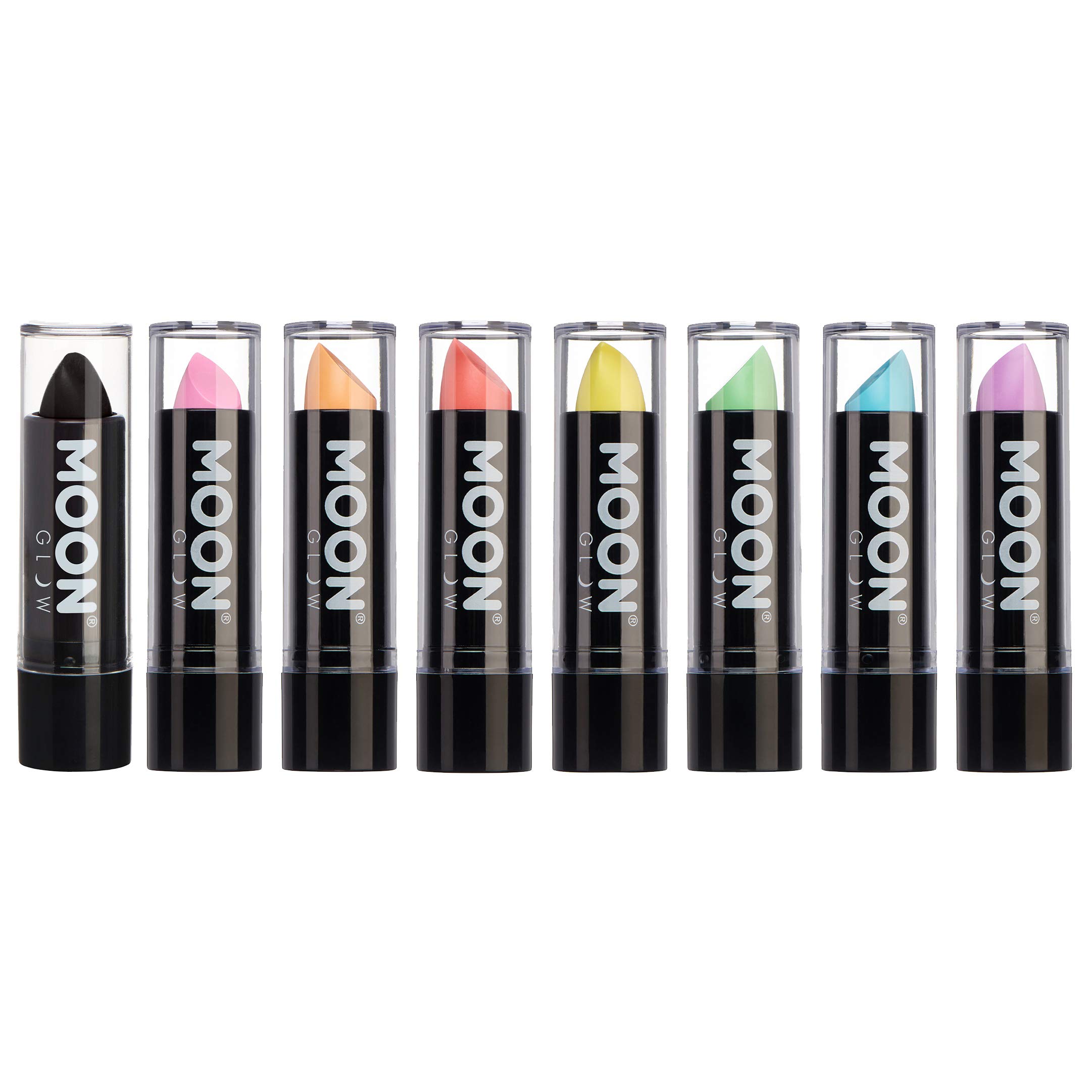Neon UV Lipstick by Moon Glow - Pastel set of 8 colours - Bright Neon Coloured Lipstick - Glows under UV