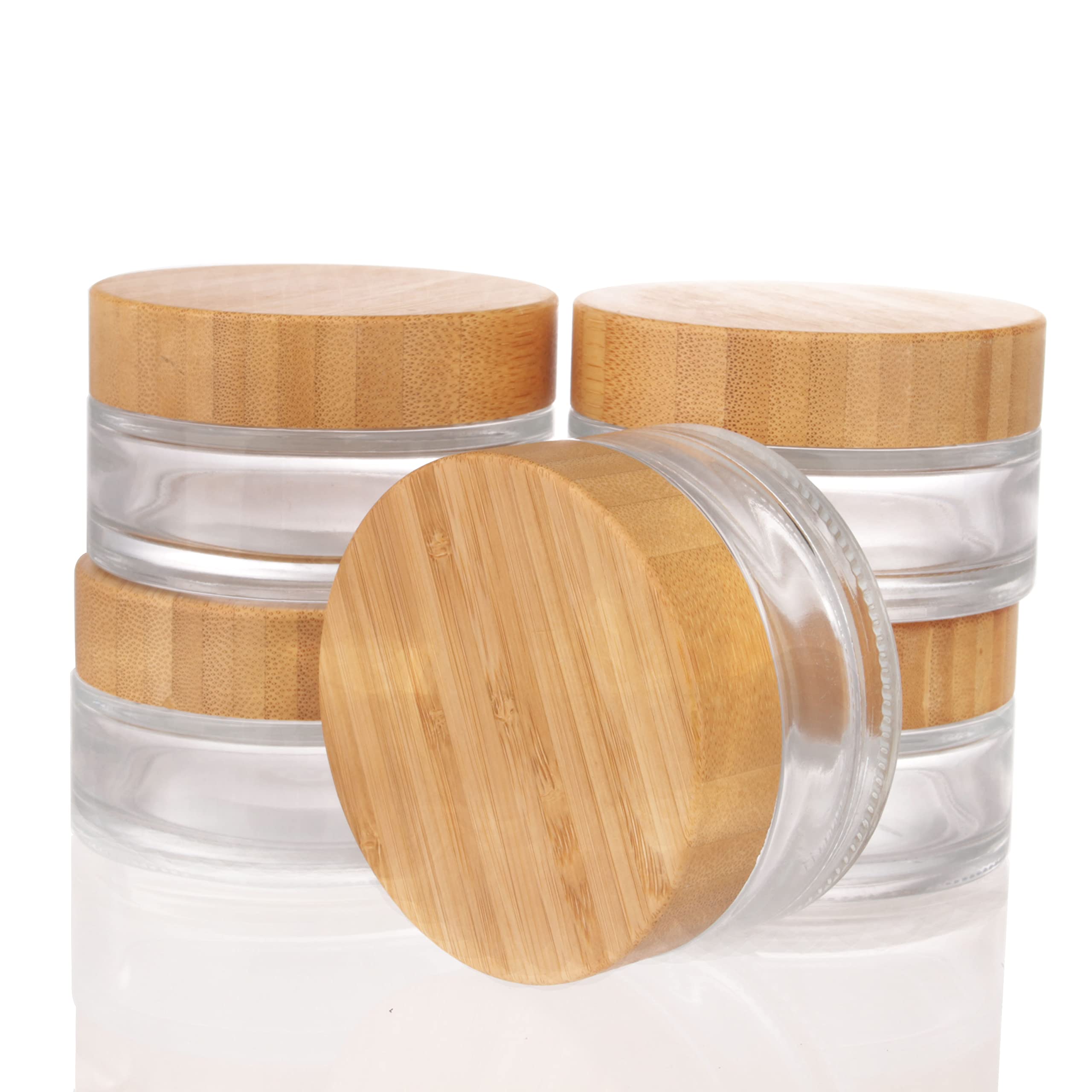 COSIDEA 5pcs Empty 3.33 OZ/100g Round Clear Glass Jars with Bamboo lids, Bamboo Cream Jar Refillable Cosmetic Travel Containers for Lip Balm, Ointments, Lotion Packing