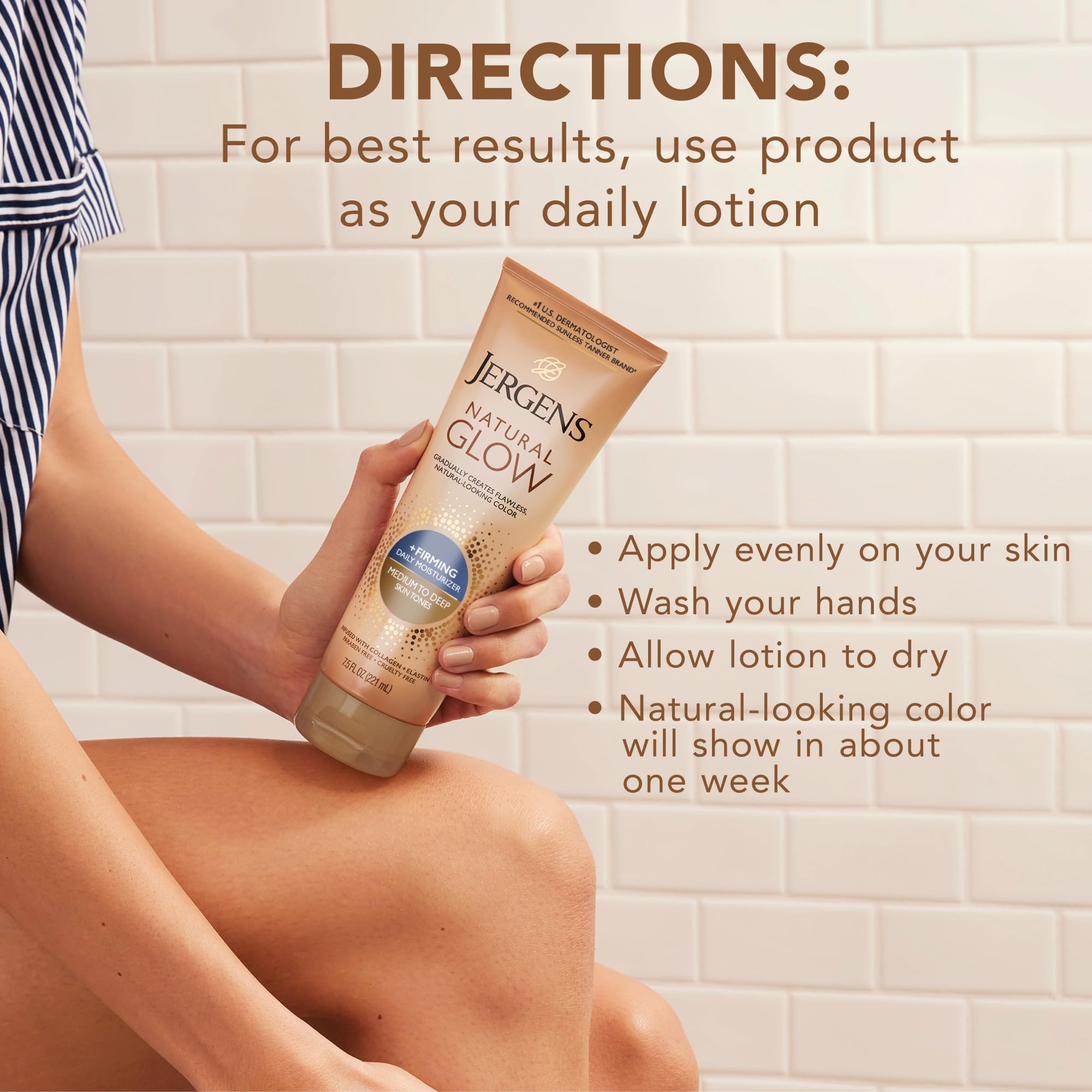 Jergens Natural Glow +Firming Self Tanner Body Lotion, Medium to Deep Skin Tone, Sunless Tanning Moisturizer with Collagen and Elastin, Helps to Visibly Reduce Cellulite, 7.5 Oz, Pack of 2