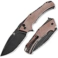 KANSEPT Hellx Pocket Folding Knives Button Lock for Men EDC Pocket Knife 3.6'' Black Stonewashed D2 Blade Excellent Folding Knife with Brown Micarta Handle EDC Knife T1008F2