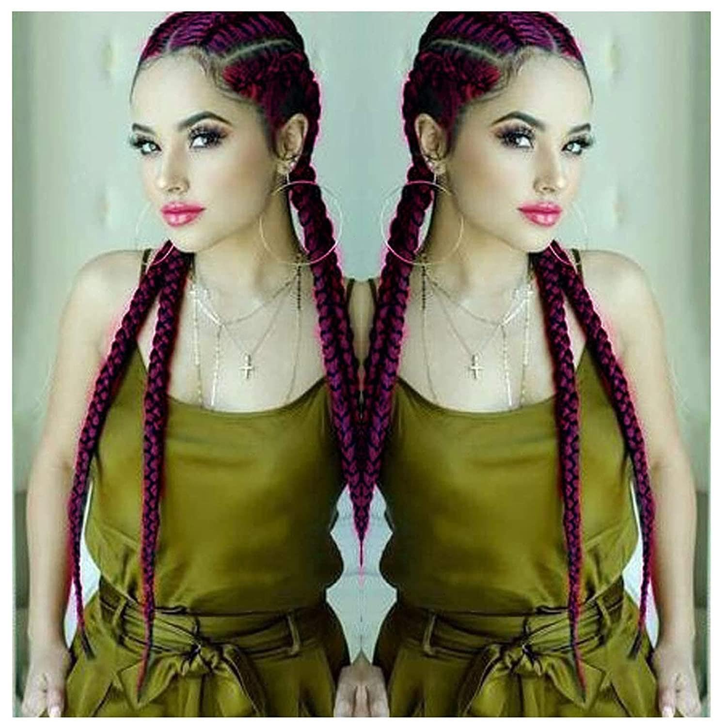 Xiweiya Long Braided Wig Wine Red Color Hair Highlight Big Braiding Synthetic Lace Front Wig with 4 Braids for Women,Drag Queen Makeup Party 36 Inches