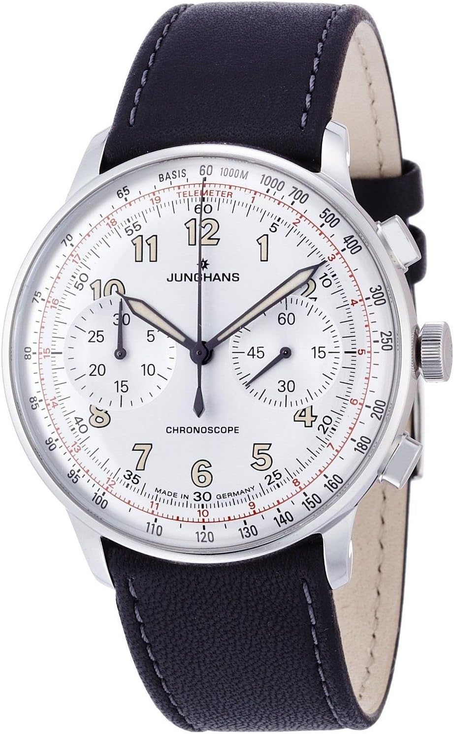 JUNGHANS MEISTER TELEMETER 027/3380.00 GENTS BLACK CALFSKIN 40.8MM GLASS WATCH