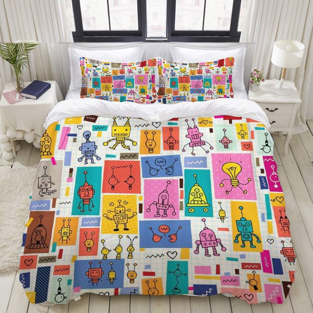MUYIXUAN Toy Cute Robots Collage Cartoon Retro Doodle Pattern Kawaii decorative Microfiber 3 pieces bedding set with zipper closure (1 duvet cover + 2 pillocases) Super King size (260x220cm)