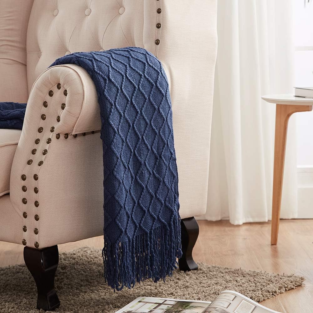 SunStyle Home Throw Blanket for Couch Sofa, Decorative Knitted Blanket(50x60inch) with Tassels, Soft Lightweight Cozy Woven Blanket for Women, Men and Adults, Suitable for All Seasons, Navy: Kitchen & Dining