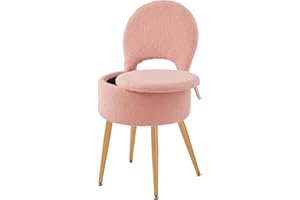 ZYKZYK Small Vanity Stool Chair with Storage and Folding Back,4 Metal Legs with Anti-Slip Feet,Round Ottoman with Velvet Seat, Furry Padded Seat for Makeup, Bedroom (Pink, Standard)