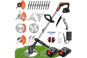 DOMPOU Weed Wacker, 21V 2.0Ah Electric Weed Eater, Weed Wacker Cordless with 4 Types of Blades, Weed Eater Battery Powered with 2 x Battery and Charger, Brush Cutter Retractable Length, Suitable for Garden