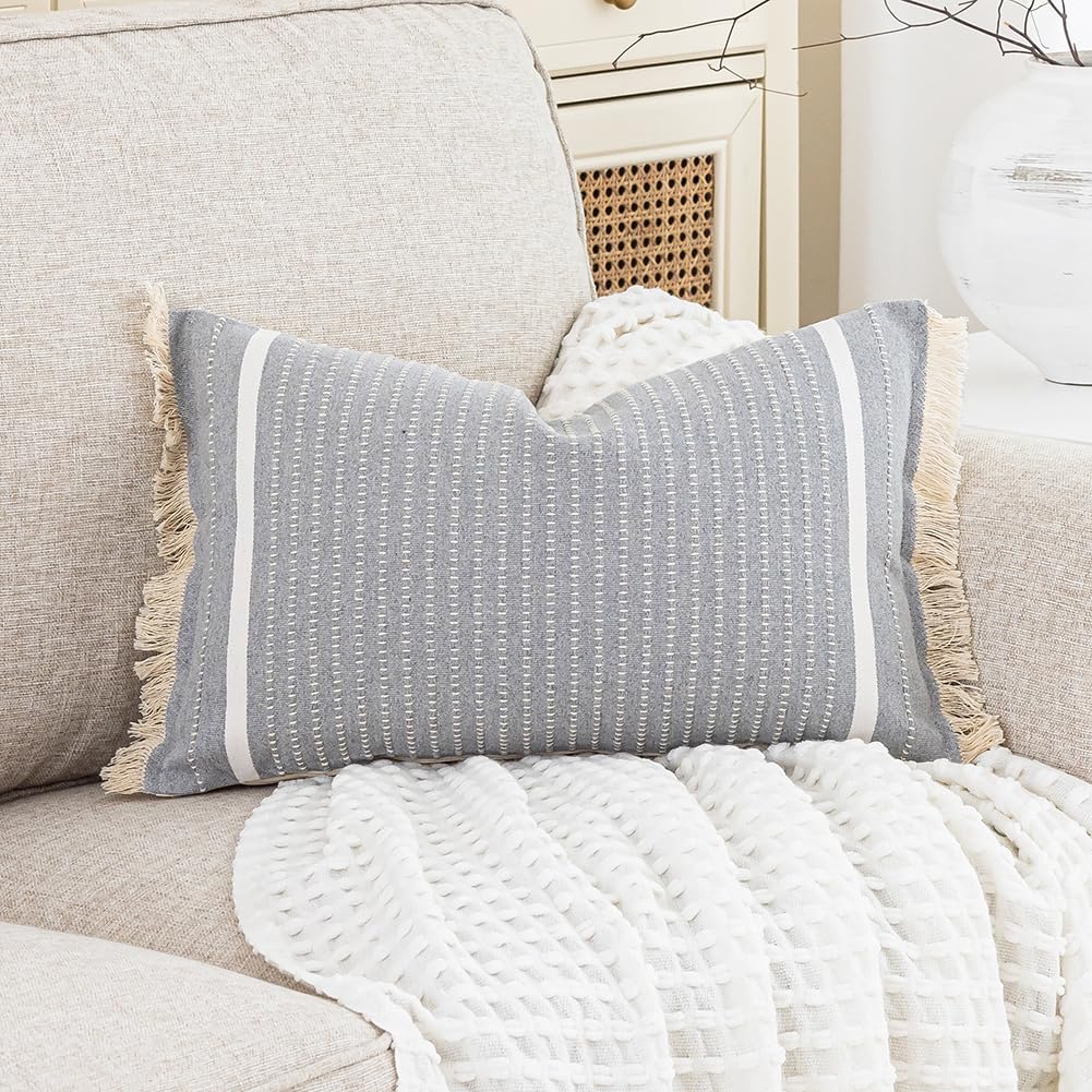Photo 1 of CARRIE HOME Farmhouse Grey Cotton Lumbar 12 x 20 Throw Pillow Covers with Tassels 1 Pack, Gray Neutral Couch Lumbar Pillow Decorative, Grey Striped Decorative Accent Pillows for Couch Bed Living Room