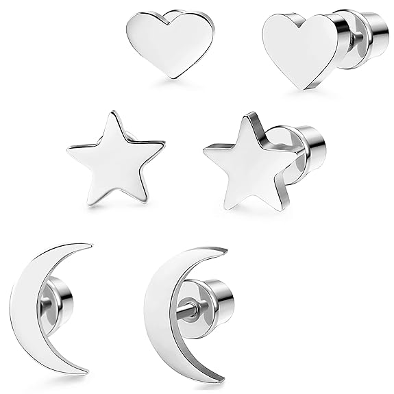 Milacolato 6 Paar Chirurgenstahl Ohrstecker für Frauen Mädchen Herz Stern Mond Ohrstecker Knorpel Helix Ohrringe Silber