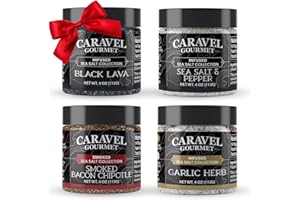 Infused Sea Salt Mega Sampler: Smoked Bacon Chipotle, Salt & Pepper, Garlic Herb, and Black Lava Sea Salts, 4 oz Jar 4-Pack, Caravel Gourmet