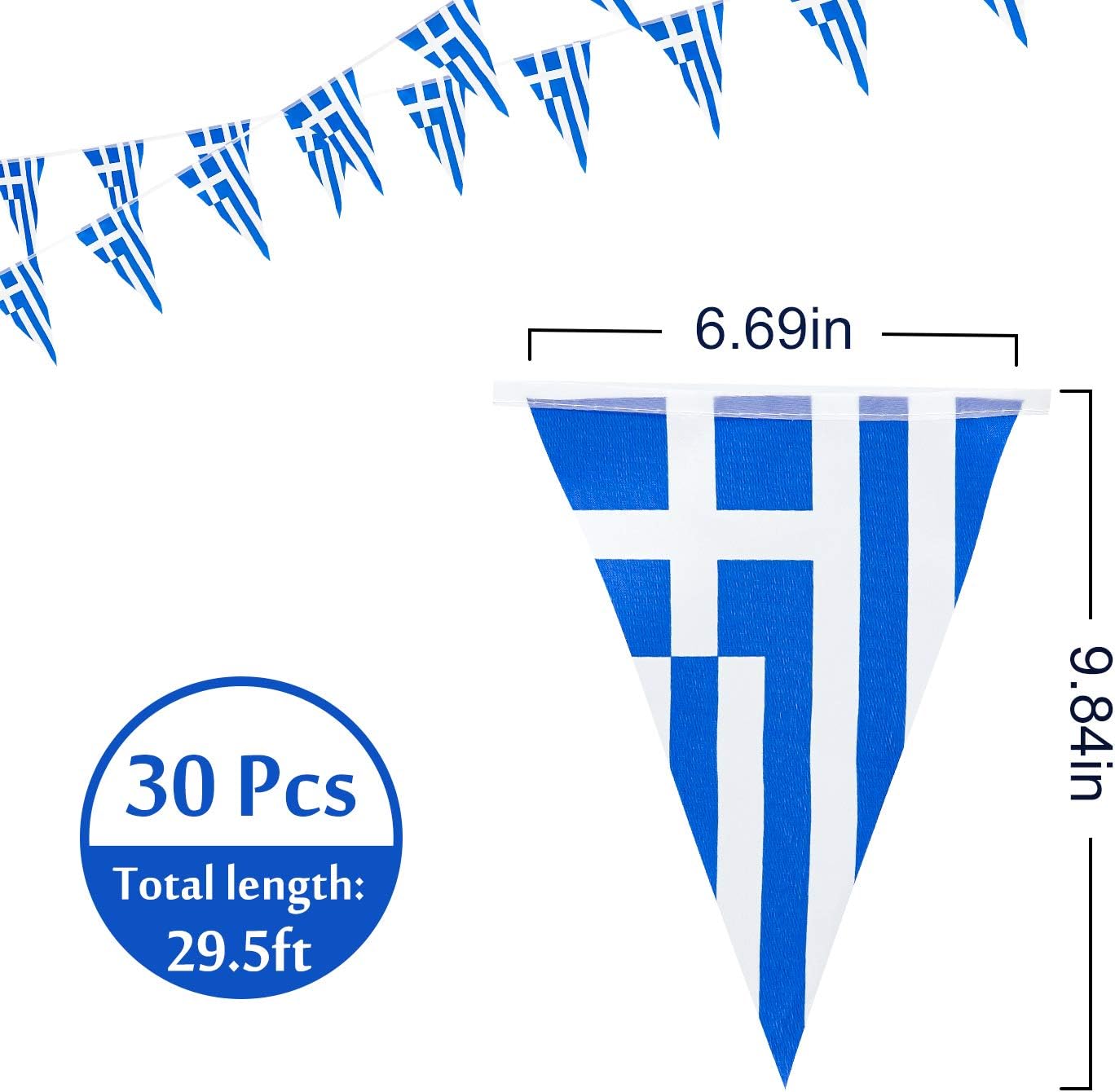 Whaline 30pcs 29.5ft Greek Flag Pennant Banner, Double-Sided, Fade Resistant, Waterproof, Blue & White, Patriotic, National Day, Greece - Image 3