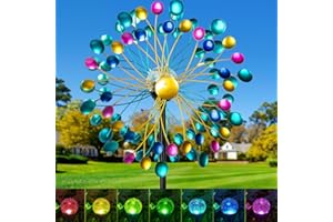 QUALDOUT Solar Wind Spinners for Yard and Garden- 58.2 Inch Metal Wind Sculptures Outdoor Clearance Kinetic Windmills with Multi Color Led Glass Ball (Polka Dots)