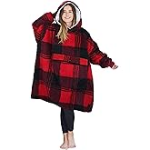 Tirrinia Oversized Blanket Hoodie, Wearable Fluffy Sherpa Blanket, Cozy Sweatshirt Blanket Gift for Adult Women Men Girlfriend, Red Plaid