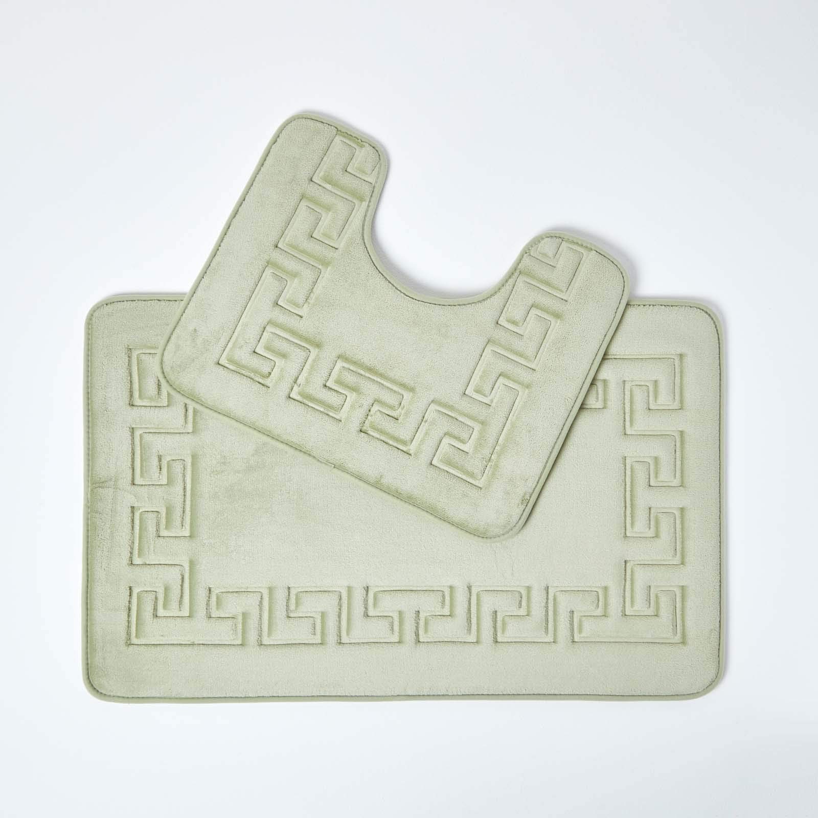 HOMESCAPES Memory Foam Sage Green Bath Mat & Pedestal Set 50 x 80 cm Soft Velvet Surface Anti Slip Rubber Backing Machine Washable Greek Key Design