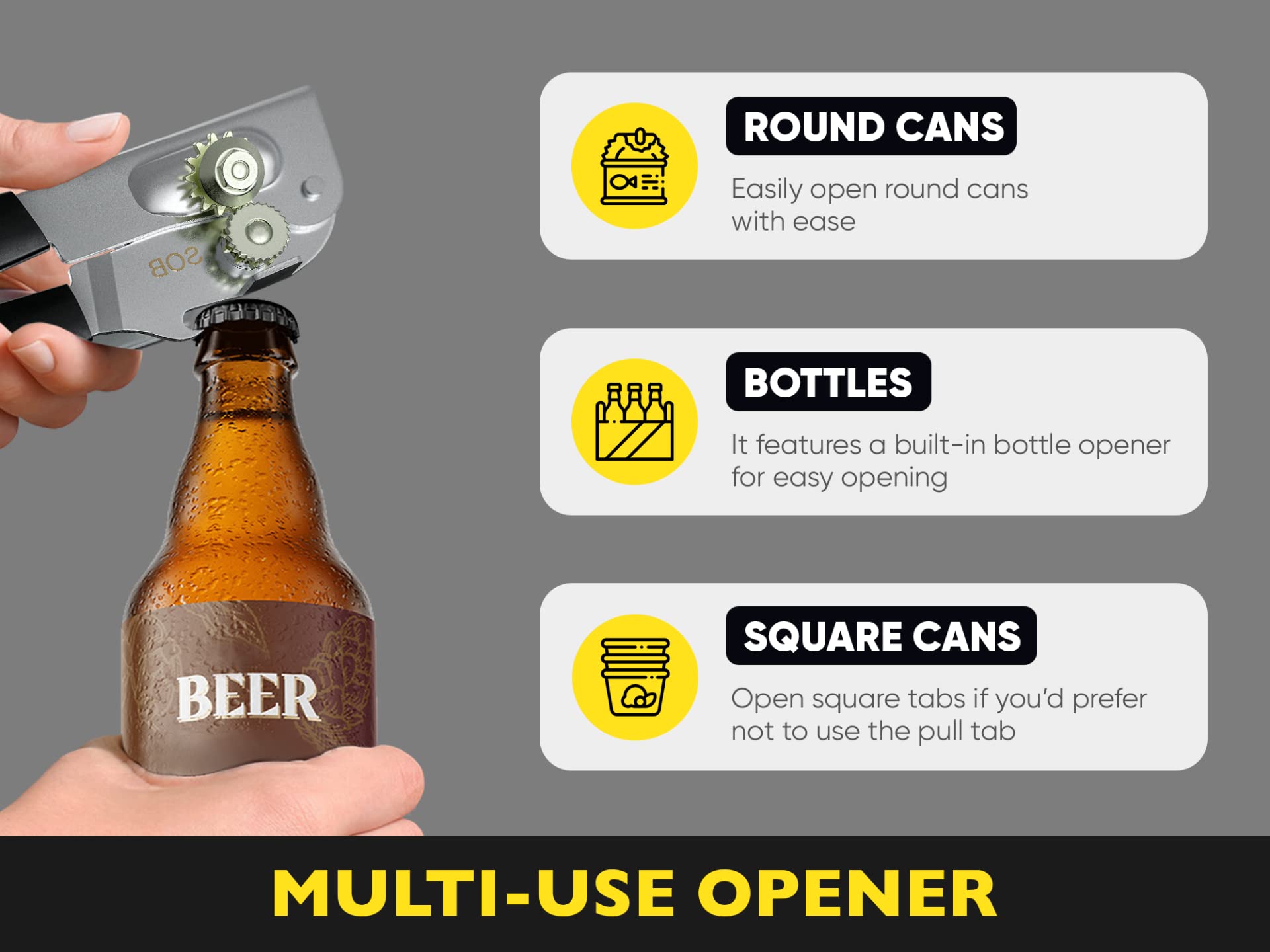 Heavy Duty Can Opener with Magnet – Commercial Can Opener Manual for Seniors, Hand Held, Sharp Blade, Smooth Edge – Folding Knob for Easy Storage, Built in Bottle Opener