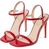 Elisabet Tang Women's High Heeled Sandals 4 Inch Strappy Sling Back Stiletto Open Square Toe Heels with Ankle Straps at Wedding Party Prom Work Dating