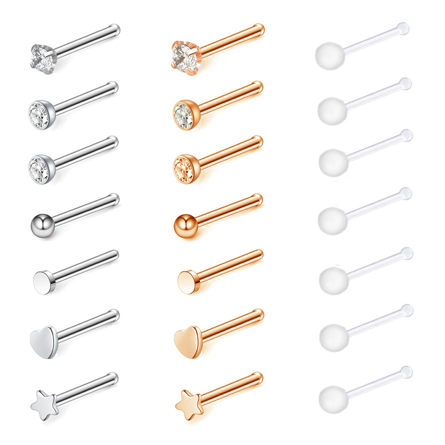D.Bella 20G Nose Studs-20G 21pcs Nose Rings Studs Pin Nose Rings Stainless Steel Nose Studs
