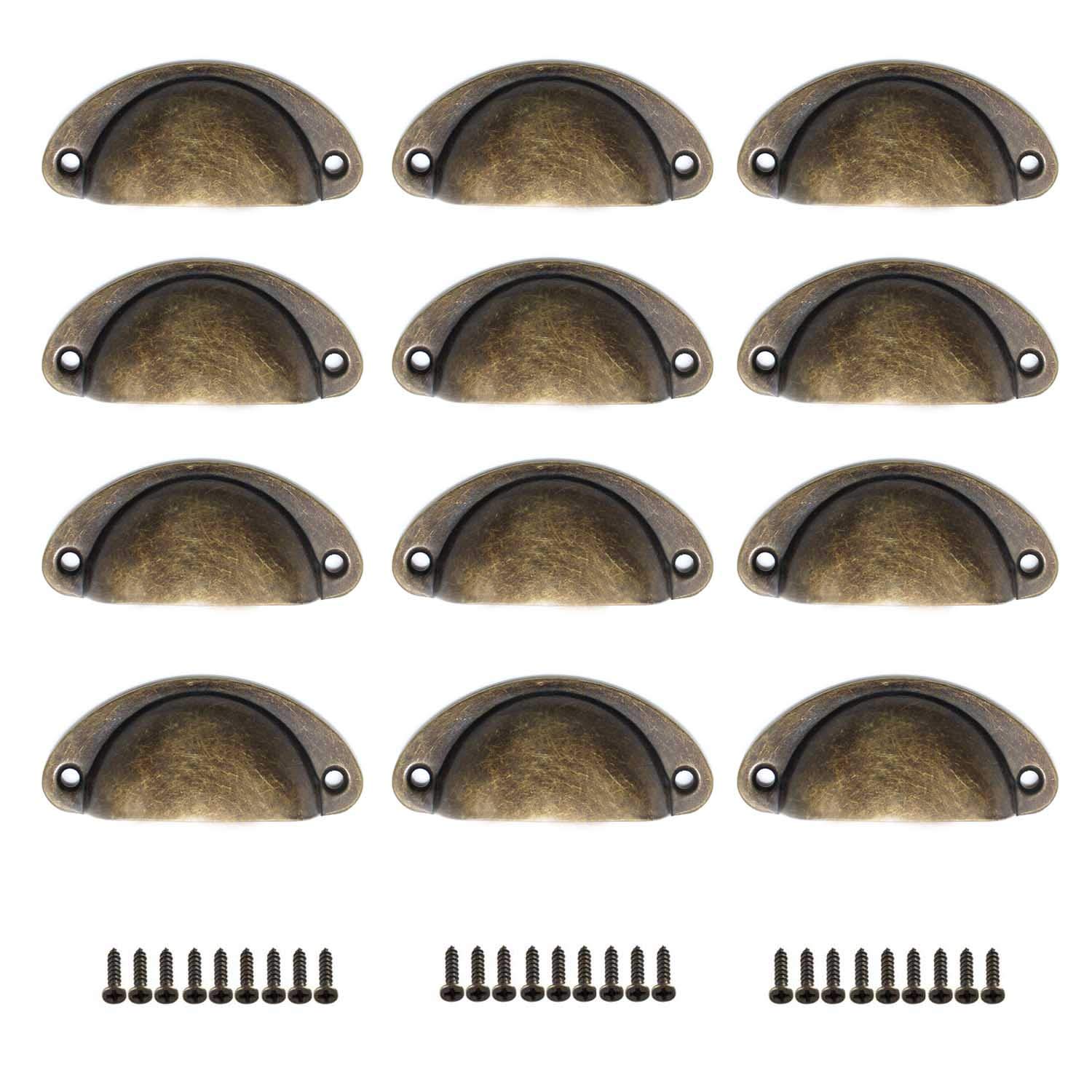 WJUAN 12 Pack Vintage Gold Cabinet Handles - Half Circle Shell Drawer Knobs with Screws, Antique Kitchen & Furniture Hardware for Drawers, Pharmacy Cabinets (Set of 12)