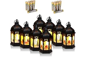 Reperla 8 PCS Christmas Small Lantern Decorative, Christmas Centerpieces for Tables, LED Flame Effect Lanterns with Timer, 7.8" Vintage Black Lanterns Decorative, Hanging Lantern for Tree Ornaments
